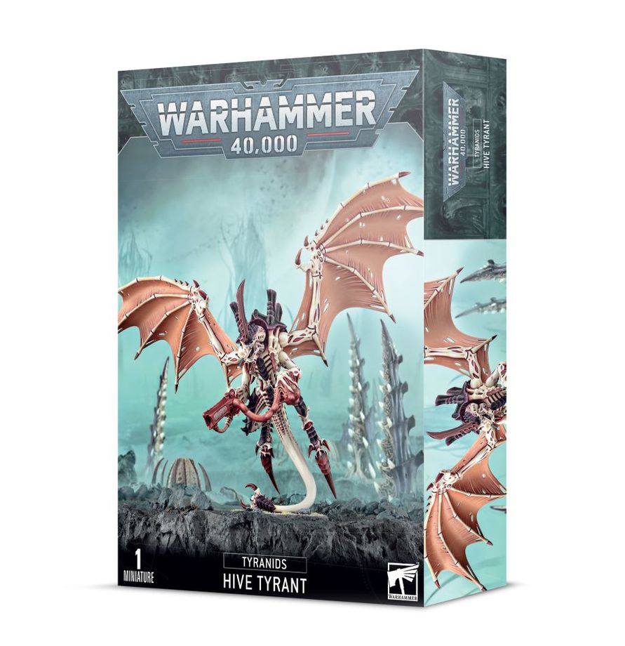 Warhammer 40,000 game box featuring a Tyrannid Hive Tyrant figure on a white background