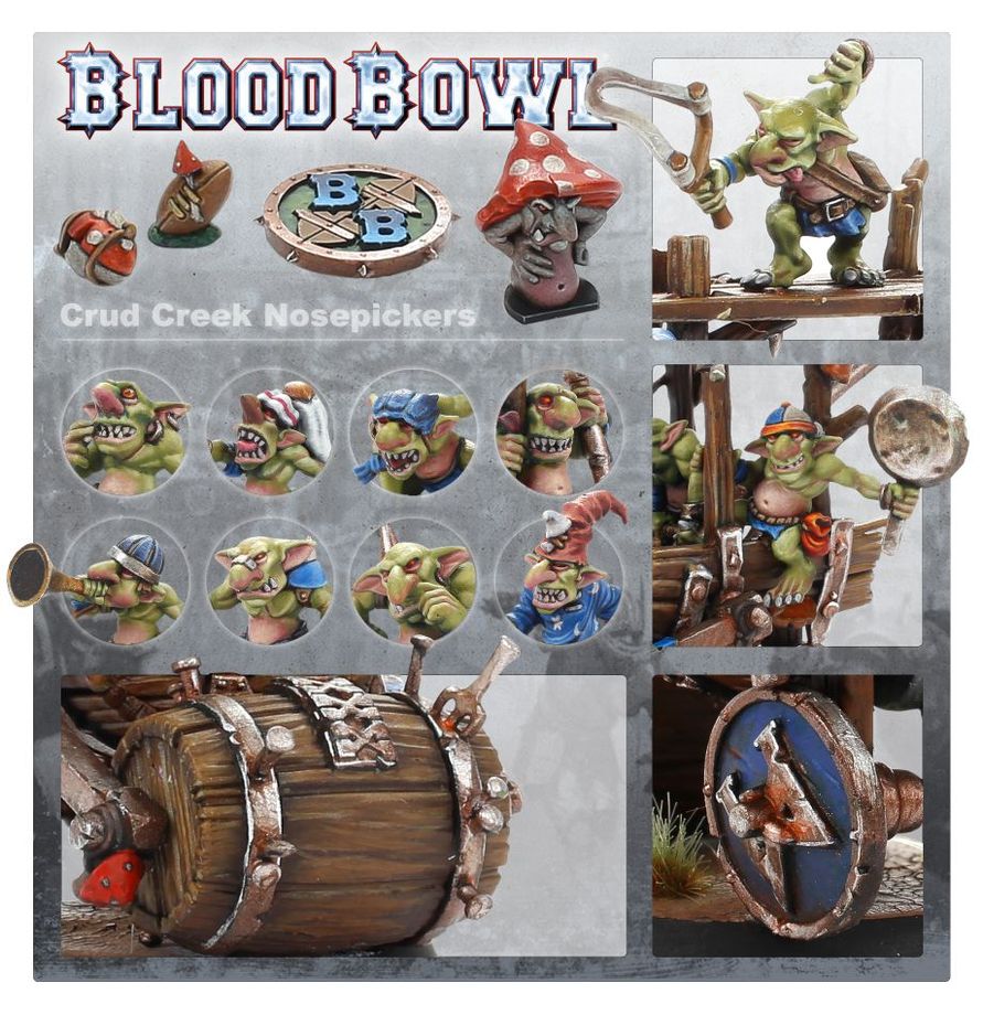 Collage of 'Blood Bowl' game components including models and packaging.