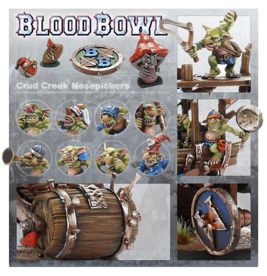 Collage of 'Blood Bowl' game components including models and packaging.
