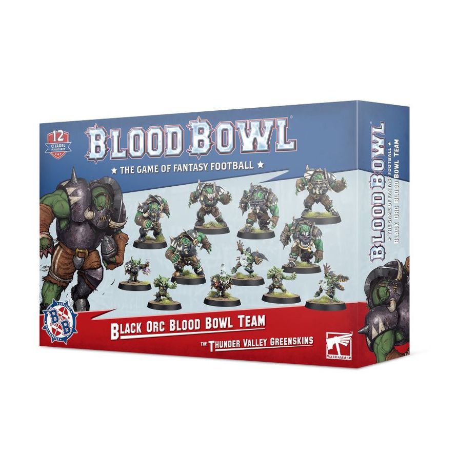 Box of Blood Bowl game featuring Black Orc and Thunder Valley Greenskins teams on a white background