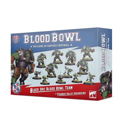 Box of Blood Bowl game featuring Black Orc and Thunder Valley Greenskins teams on a white background