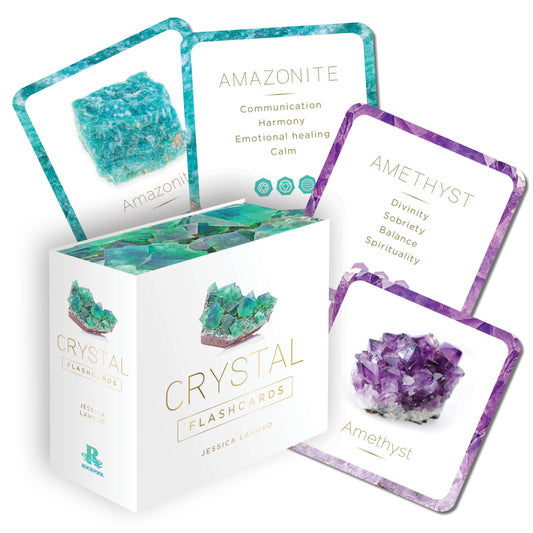 Crystal flashcards with Amazonite and Amethyst images and names on a white background