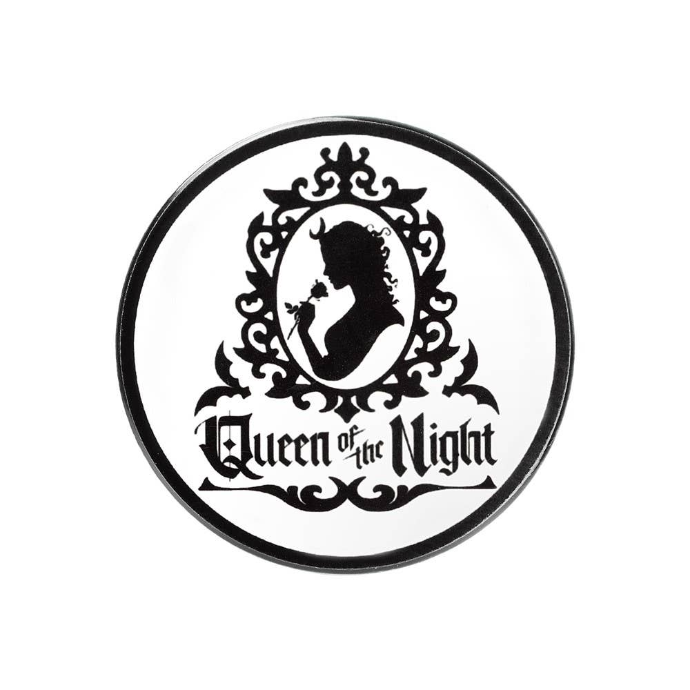 Circular logo with silhouette of a woman and 'Queen of the Night' text on a white background