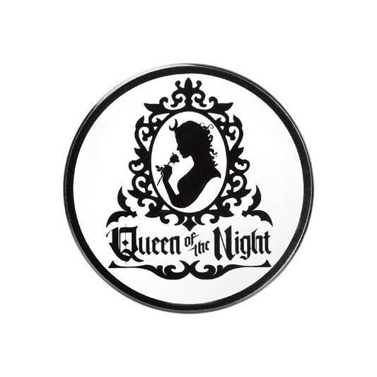 Circular logo with silhouette of a woman and 'Queen of the Night' text on a white background