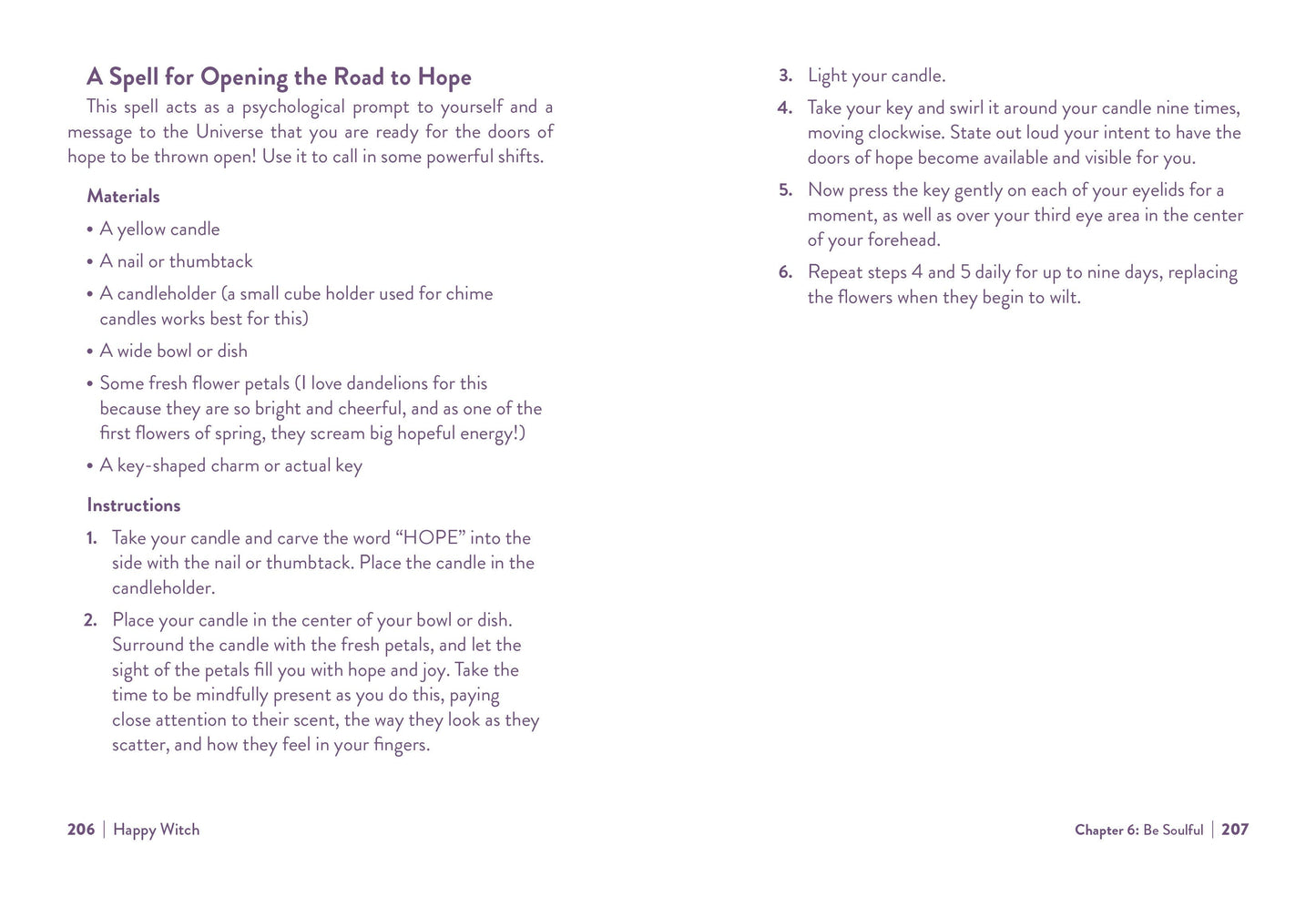 Page from a book or guide on casting a spell for opening the road to hope, with text and numbered steps.