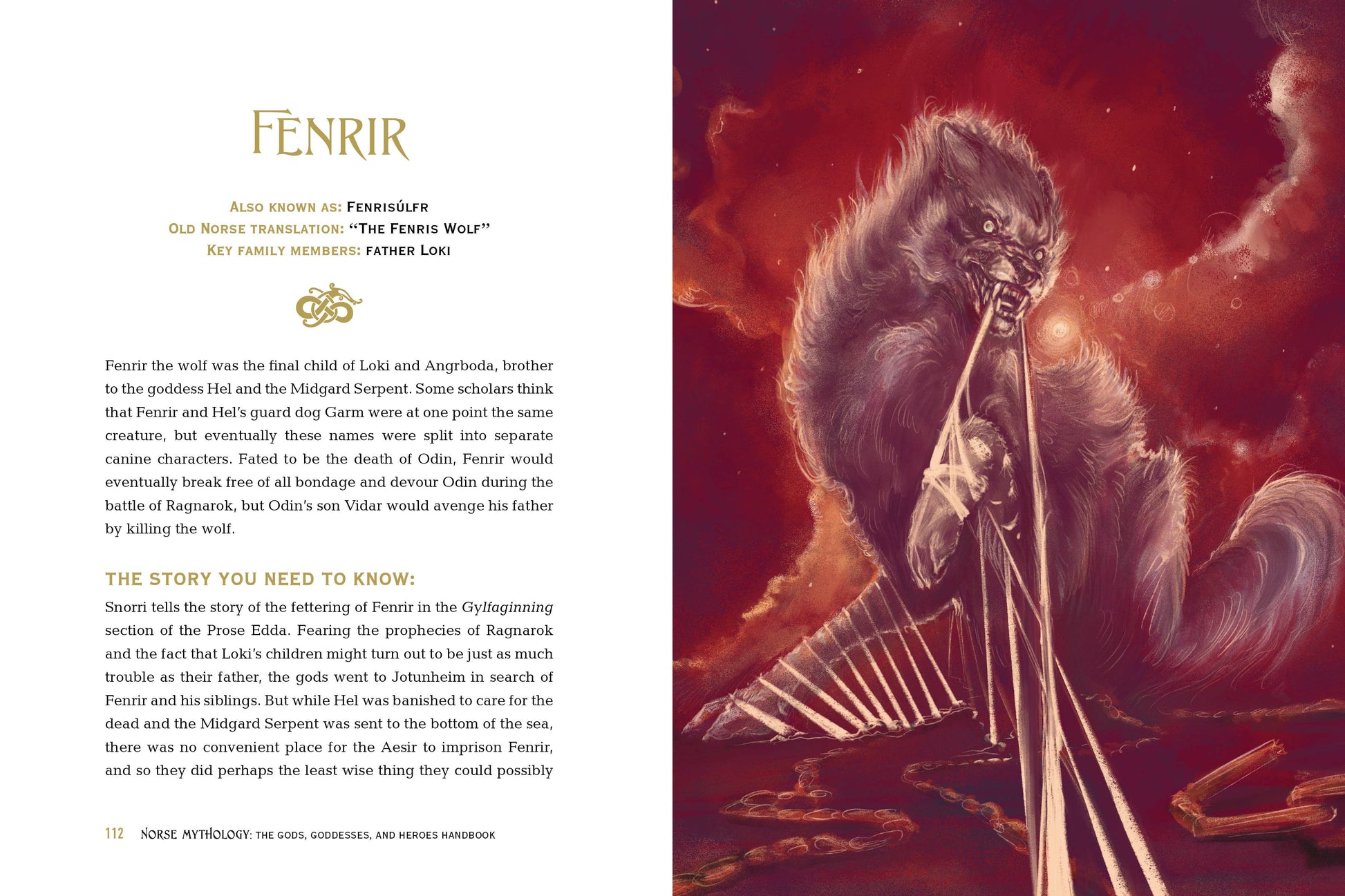 Illustration of Fenrir, a large wolf-like creature, with text on the left side.