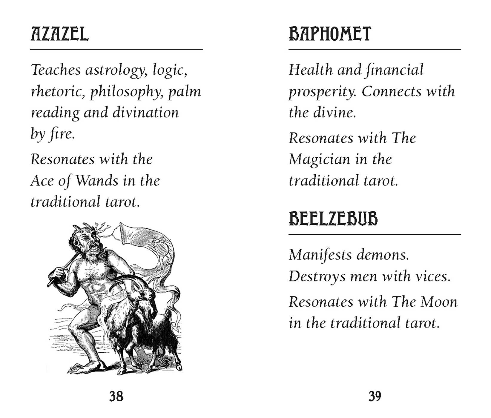 Pages from a book or document detailing information about Azazel, Baphomet, and Beelzebub with illustrations and text.