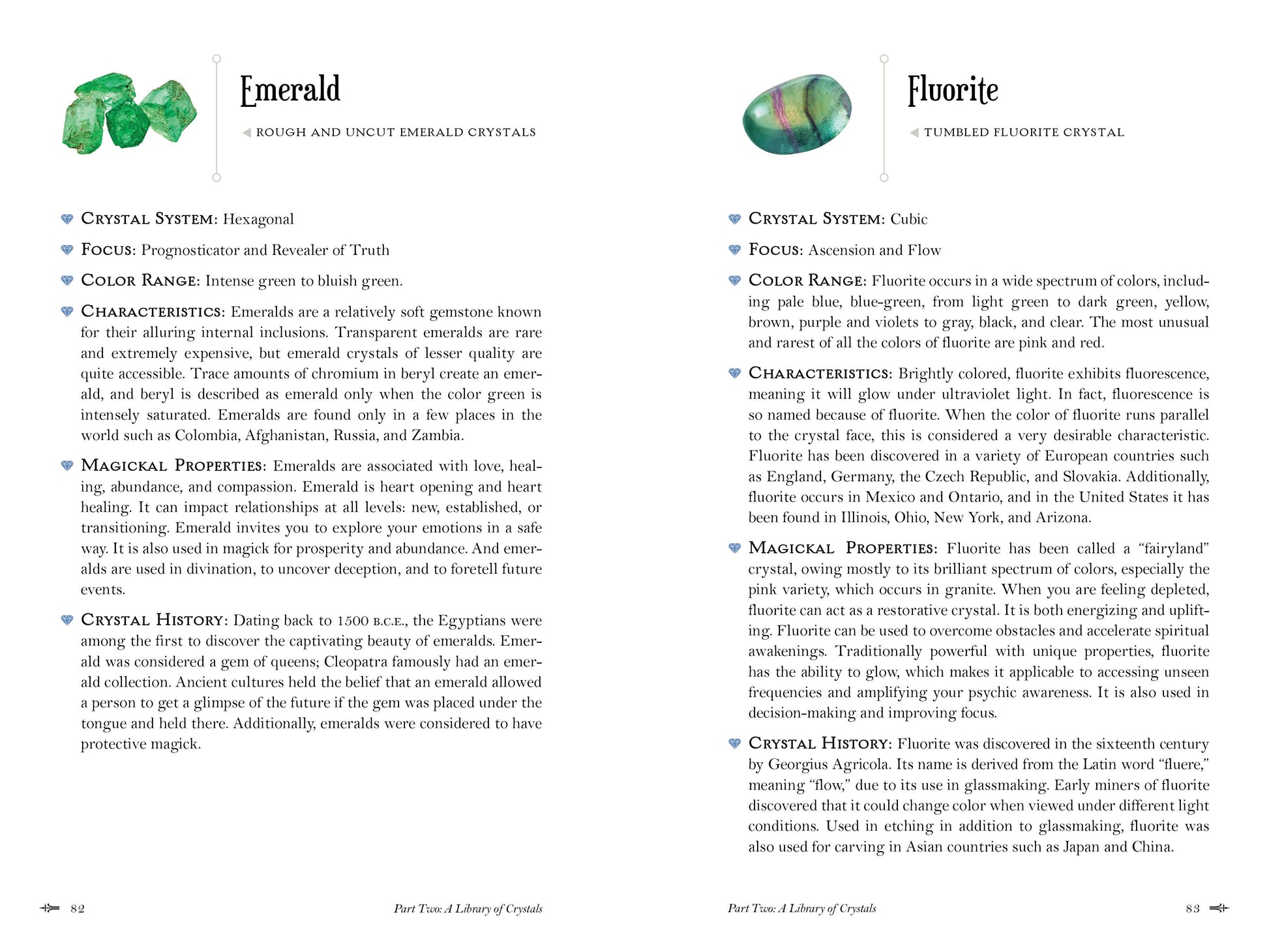 Page from a book featuring information about emerald and fluorite crystals.