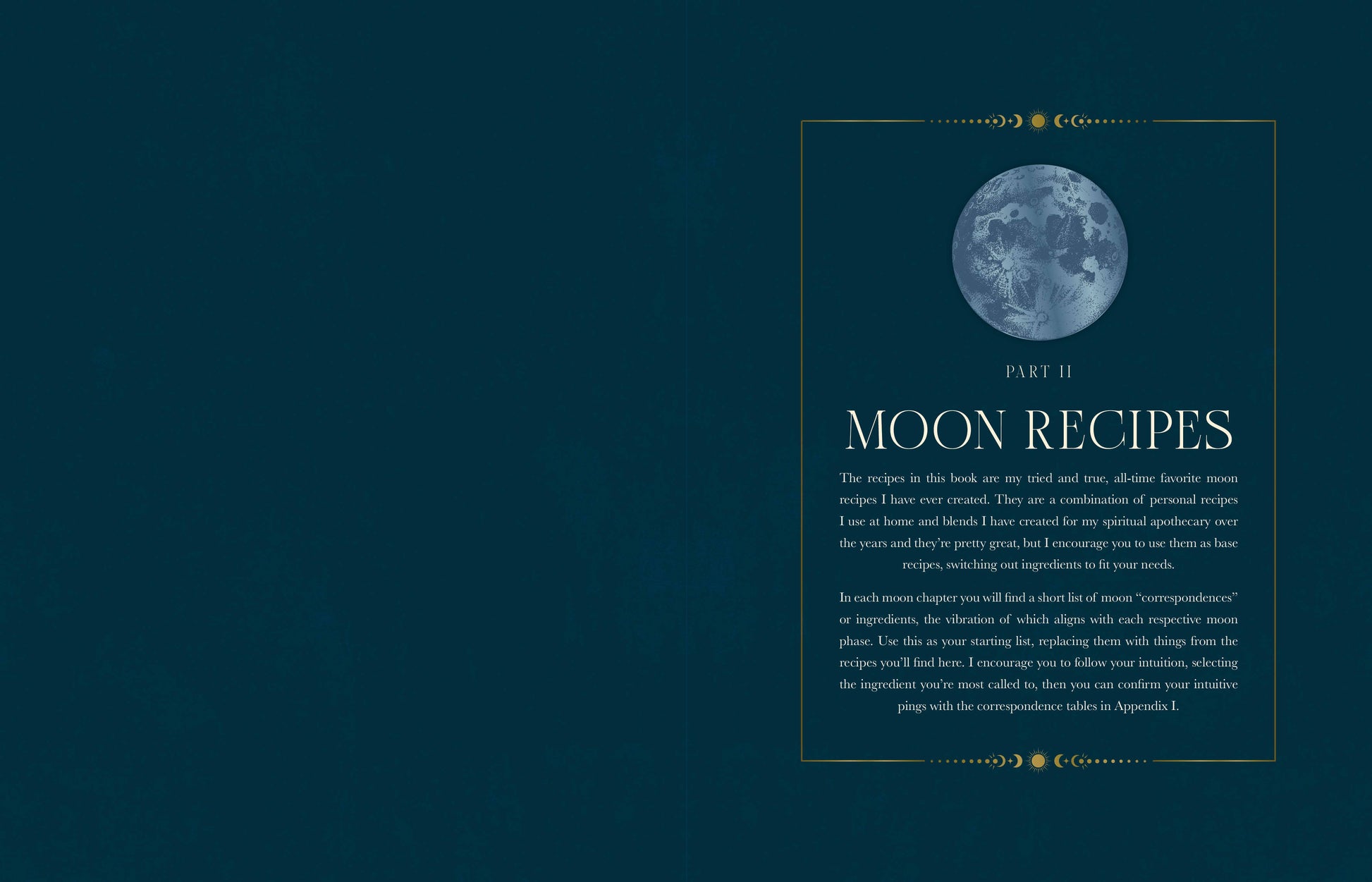 Book cover titled 'Moon Recipes' with a moon illustration on a dark blue background