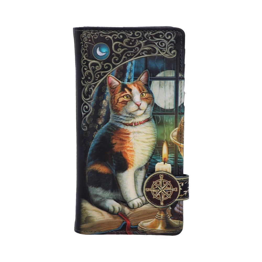 Lisa Parker Adventure Awaits Calico Cat artwork embossed on purse on white background