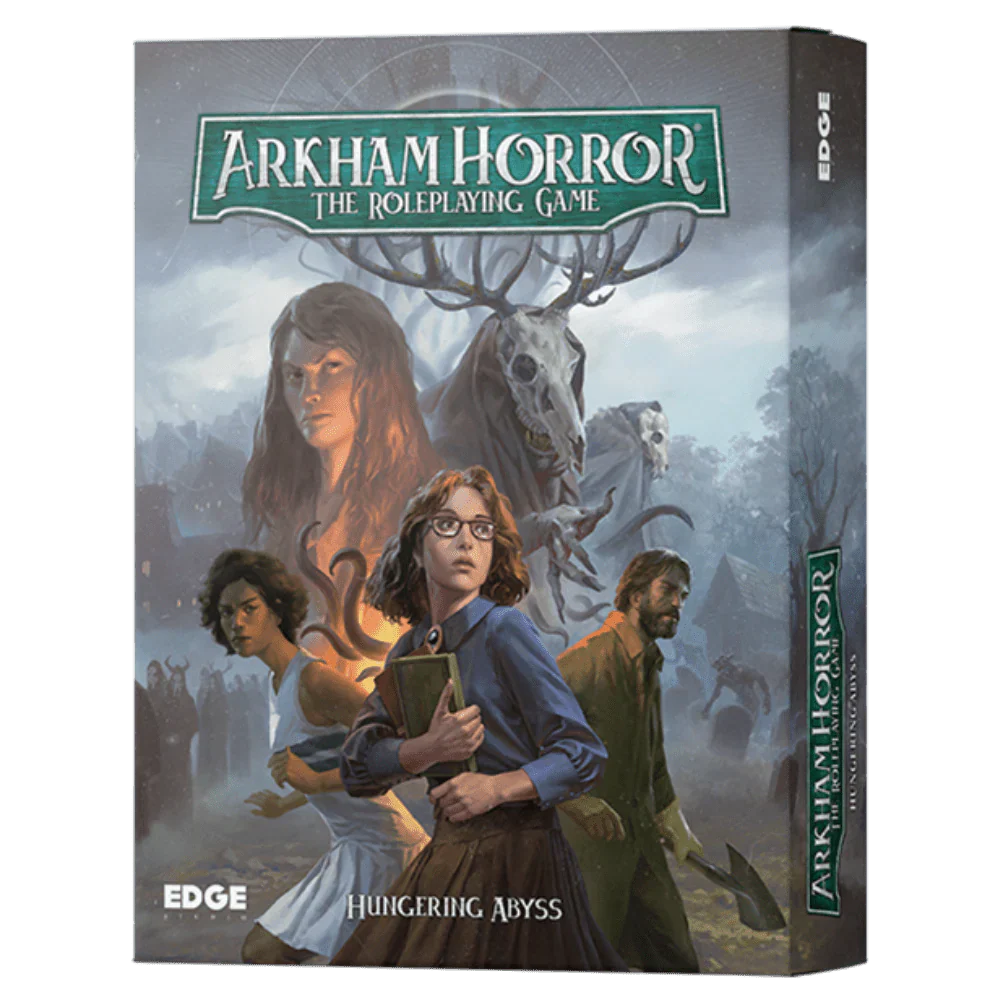 Arkham Horror roleplaying game box with characters and deer illustration on a gray background