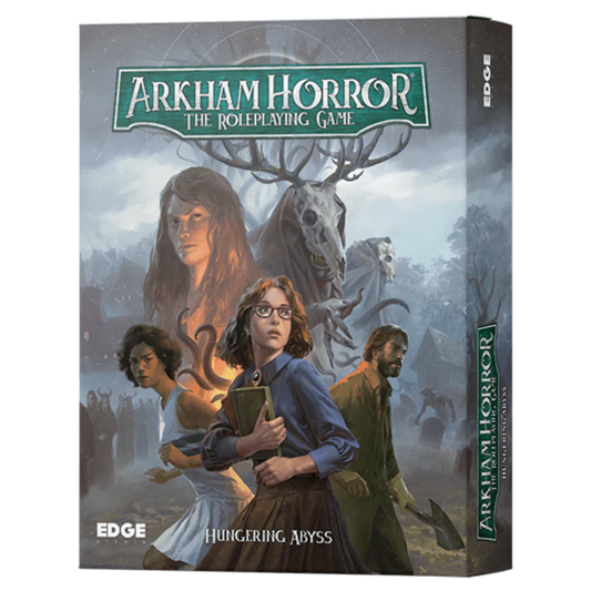 Arkham Horror roleplaying game box with characters and deer illustration on a gray background