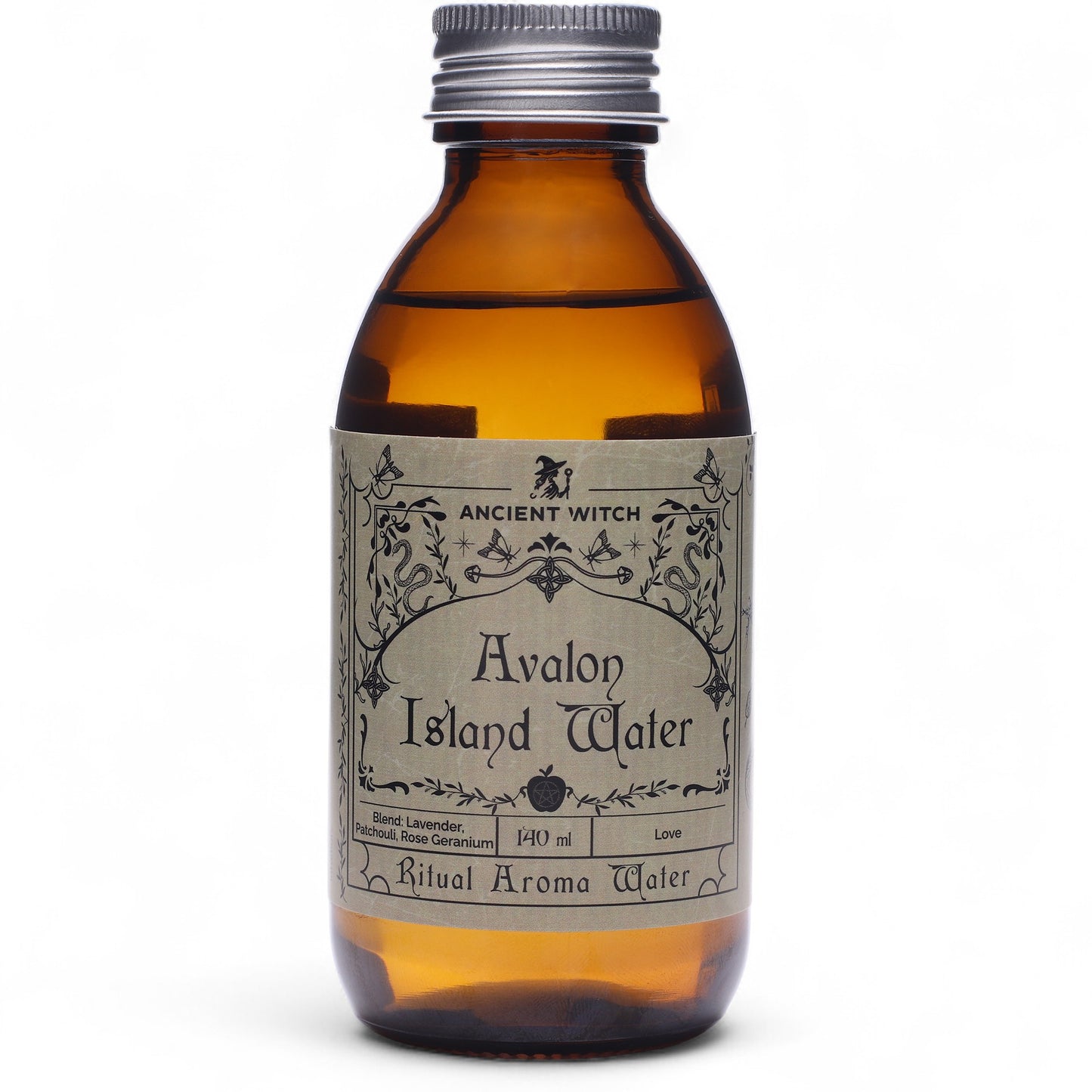 Brown bottle containing Avalon Island ritual waters with grey label and gothic design