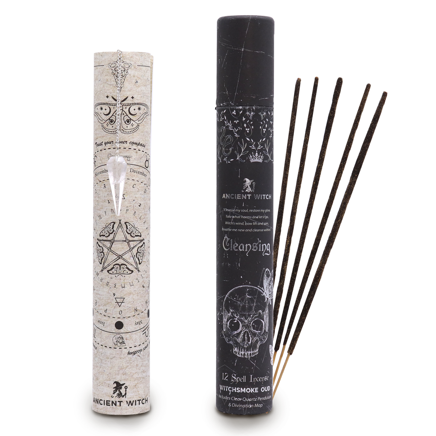 Cleansing incense with rock quartz pendulum in black and white gift box with Ancient Witch design