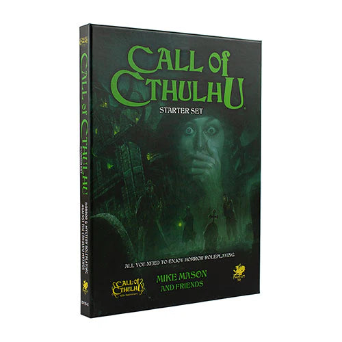 Call of Cthulhu starter set packaging with green text and a dark background