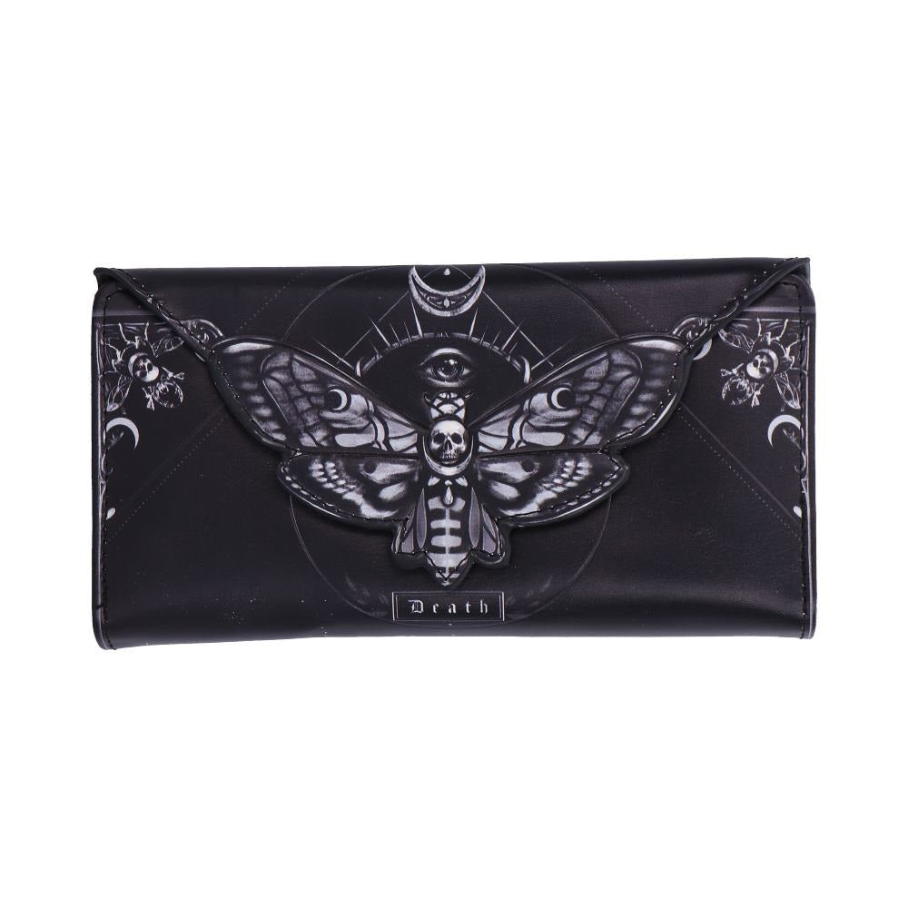Black purse with Gothic Death head moth design on white background