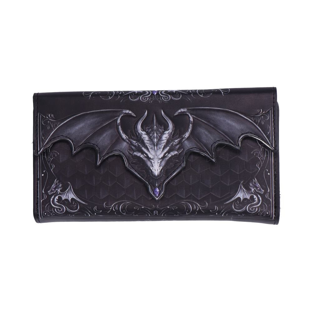Black embossed purse with gothic dragon scale design on a white background