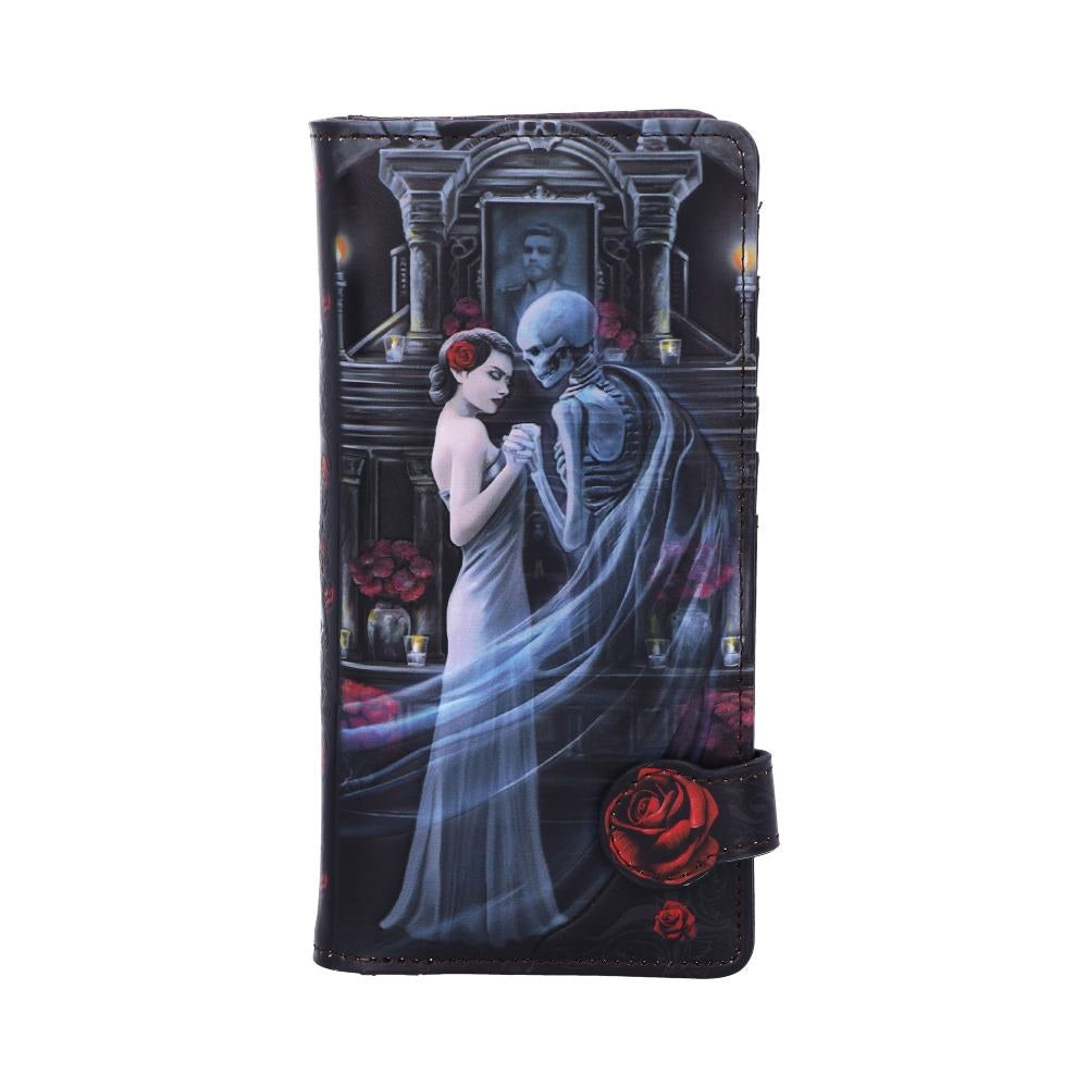 Purse with a design of a couple embracing, one in a wedding dress and the other in a skeleton suit, surrounded by roses.