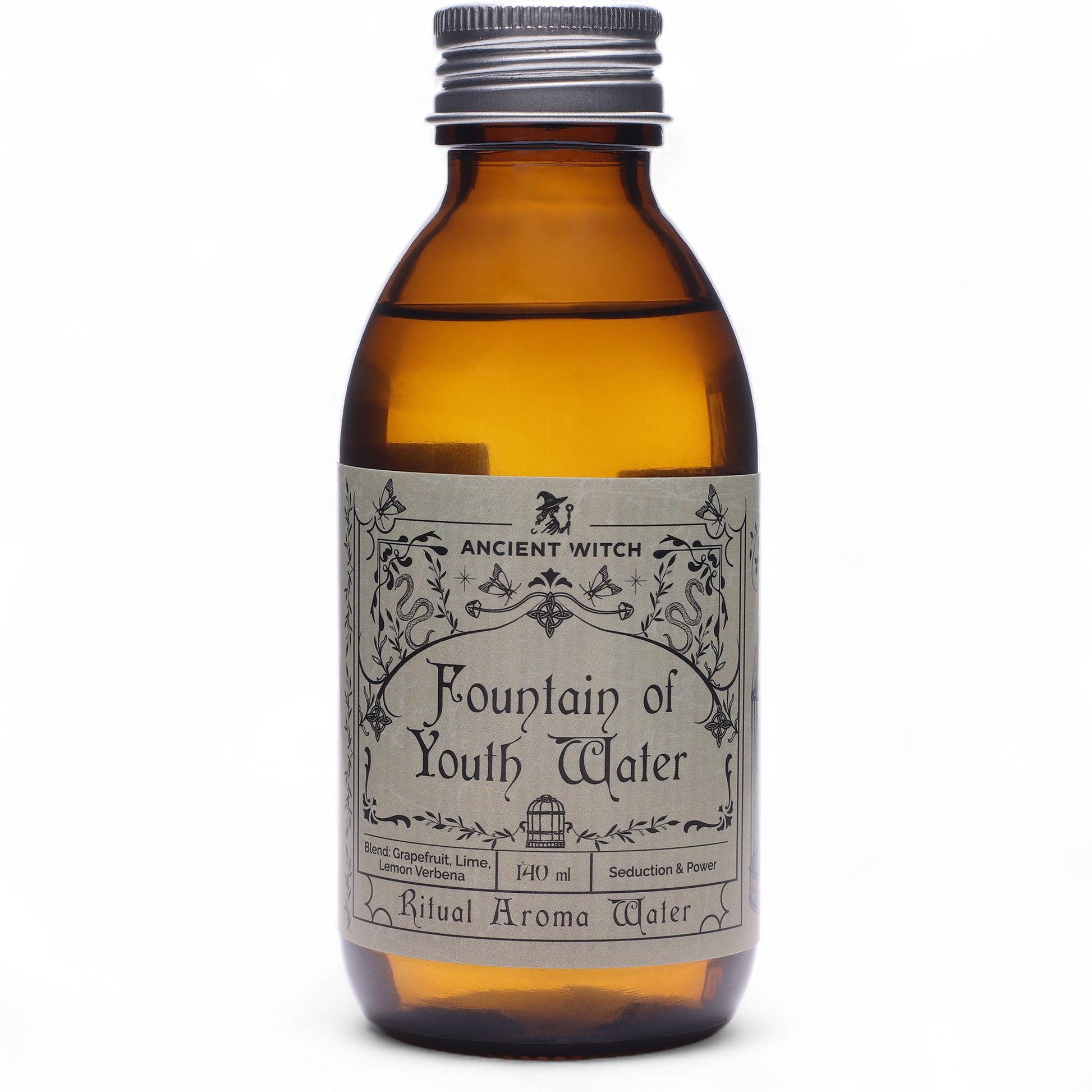 Brown bottle with grey label containing Ritual Waters from the Fountain of Youth 