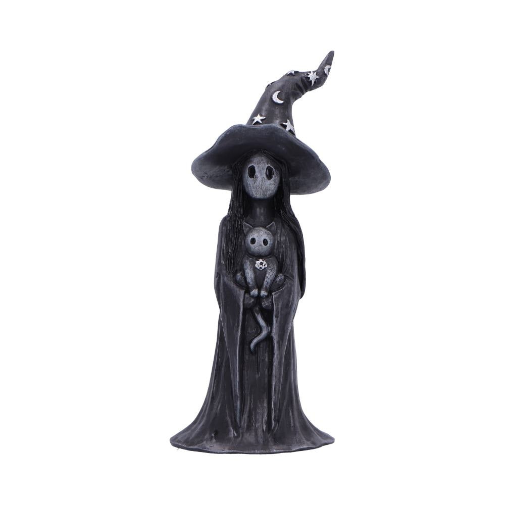 Black witch figurine with a hat and a small creature on a white background