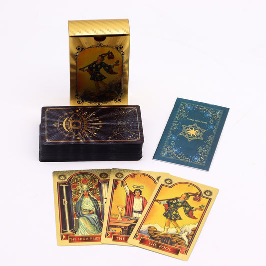 Blue and gold foil tarot card deck with all seeing eye design