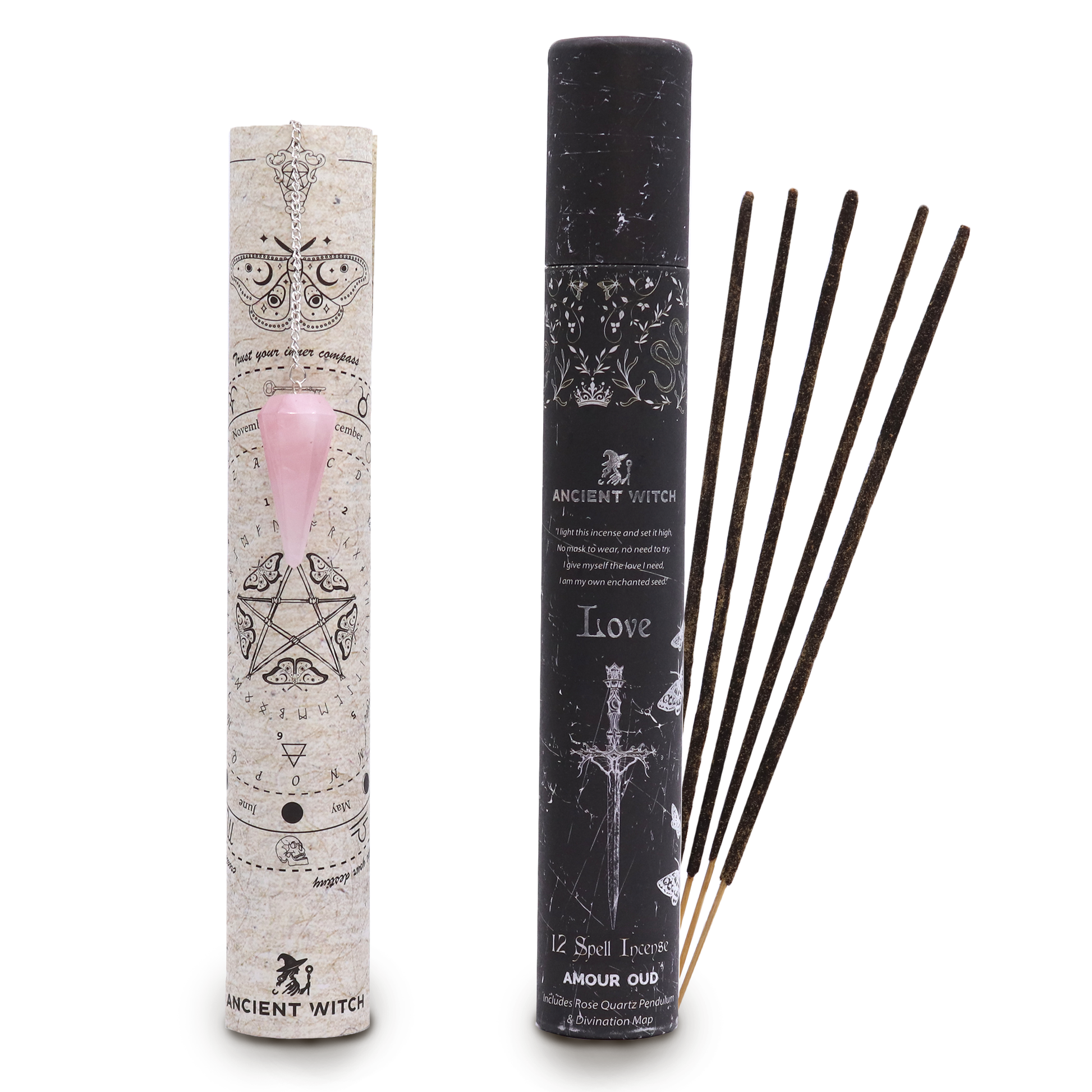 Spell incense with rose quartz pendulum displayed with black and white gift boxes with gothic writing