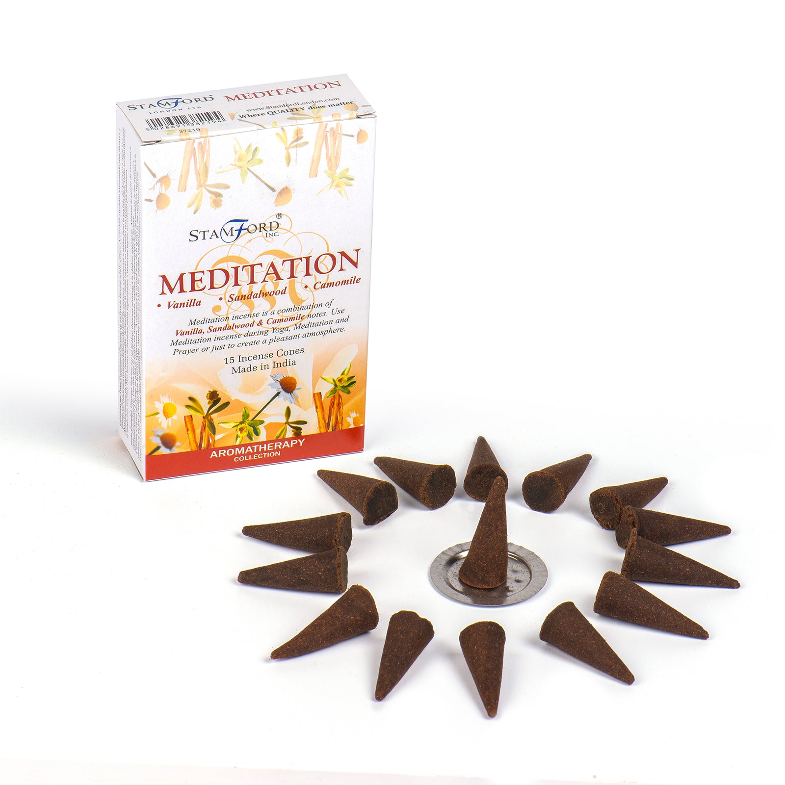 Stanford Meditation incense cones with packaging on a white background