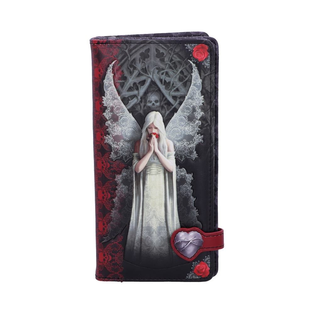 Purse with white angel on gothic background with red skulls and roses