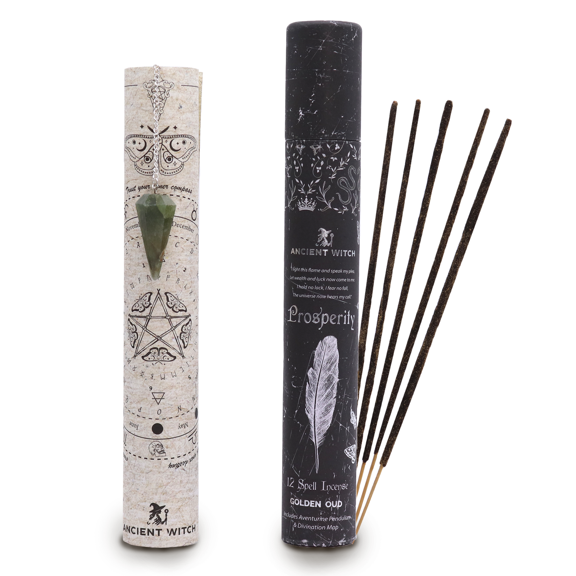 Prosperity spell incense with Aventurine pendulum displayed with black and white gift boxes labelled with an Ancient Witch design