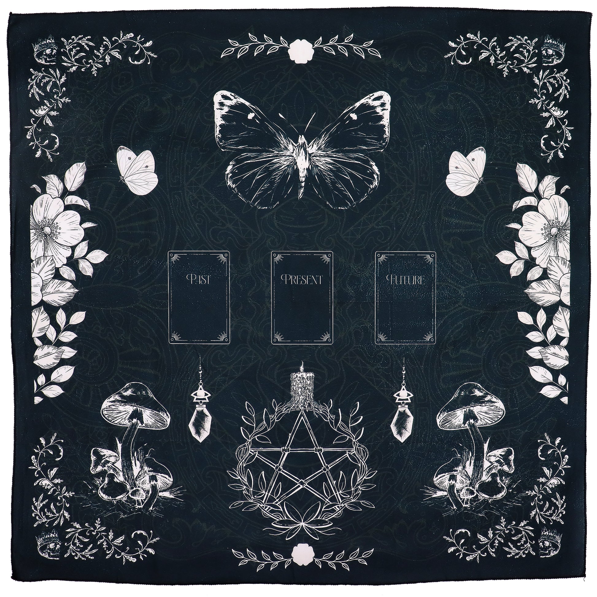 Cloth designed for tarot reading in black with beige symbols