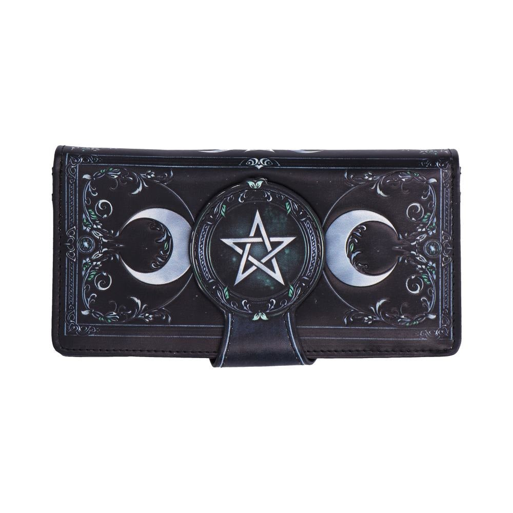 Black embossed purse with triple moon gothic design on a white background