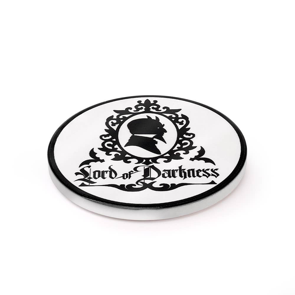 Circular coaster with 'Lord of Darkness' design on a white background