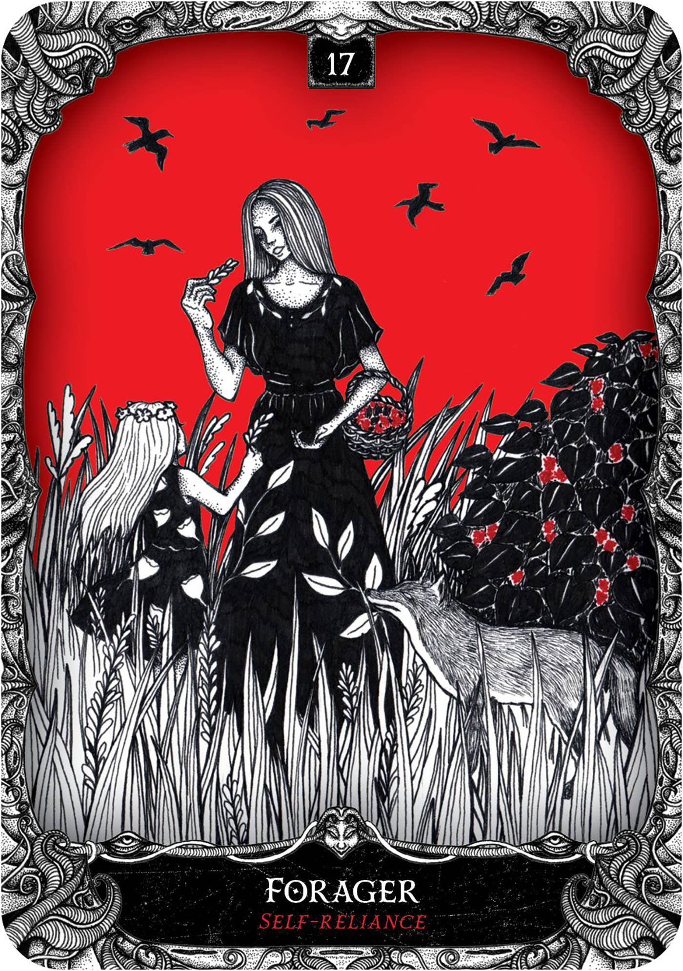 Tarot card featuring a woman in a black dress with nature elements and birds on a red background.