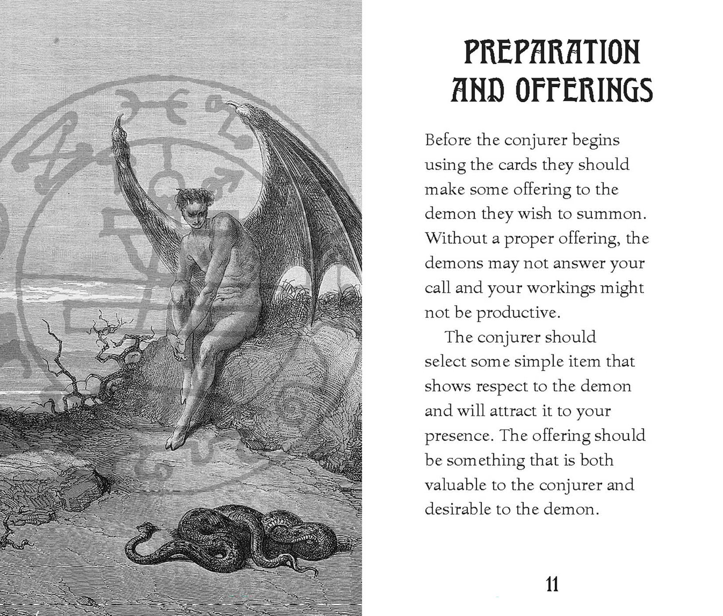 Illustration of a demon with a snake and text on summoning demons.