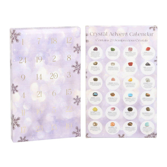 Crystal Advent Calendar with numbered days on one side and crystal images on the other, on a white background.
