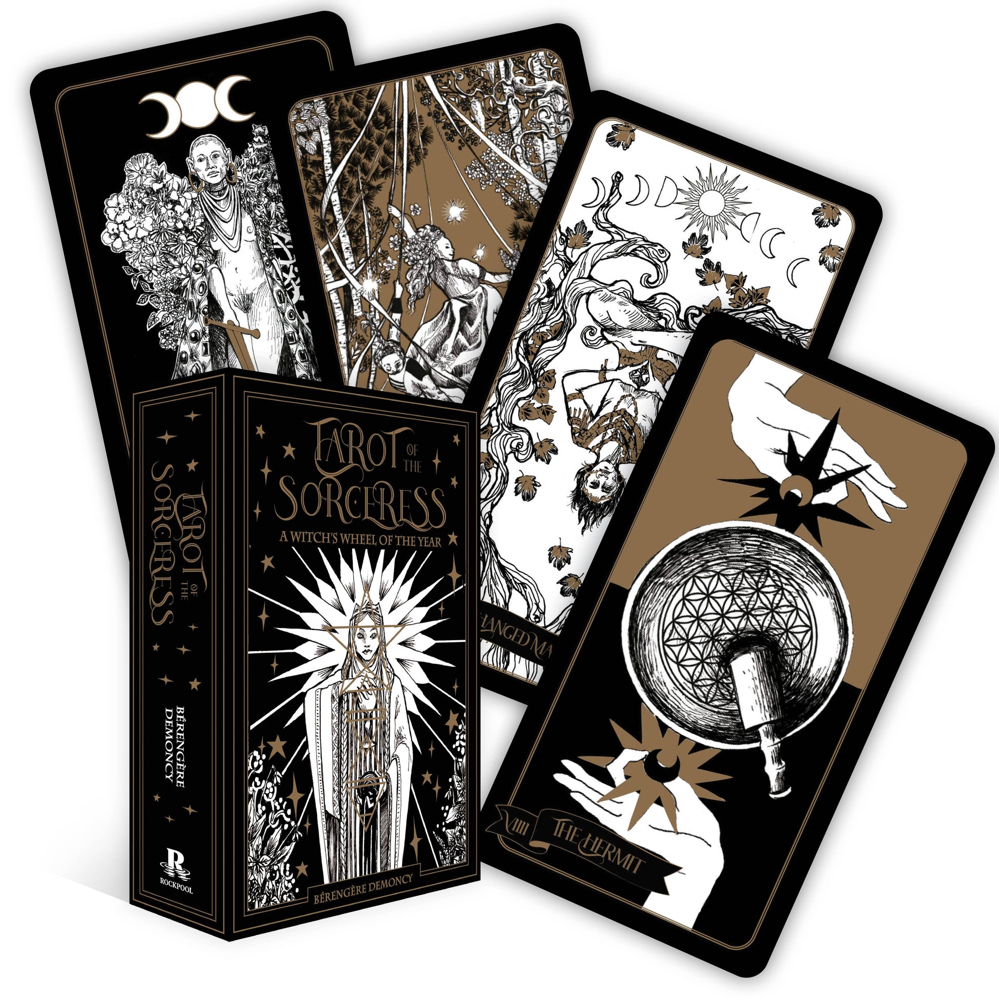 Tarot cards from the 'Sorceress' deck with a box in the center on a white background