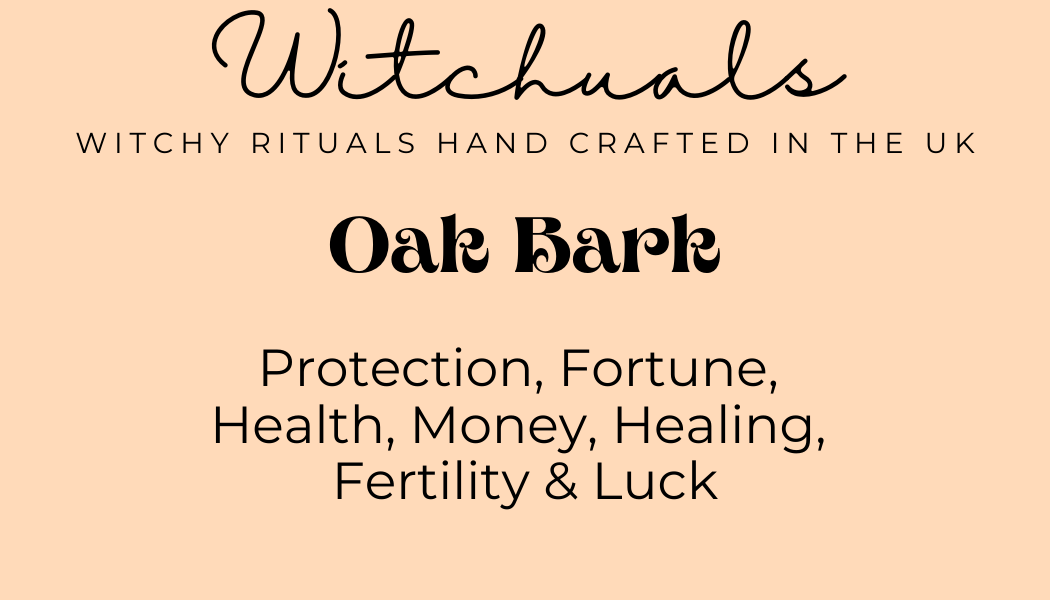 Promotional text for 'Witchuals' Oak Bark with benefits listed on a beige background
