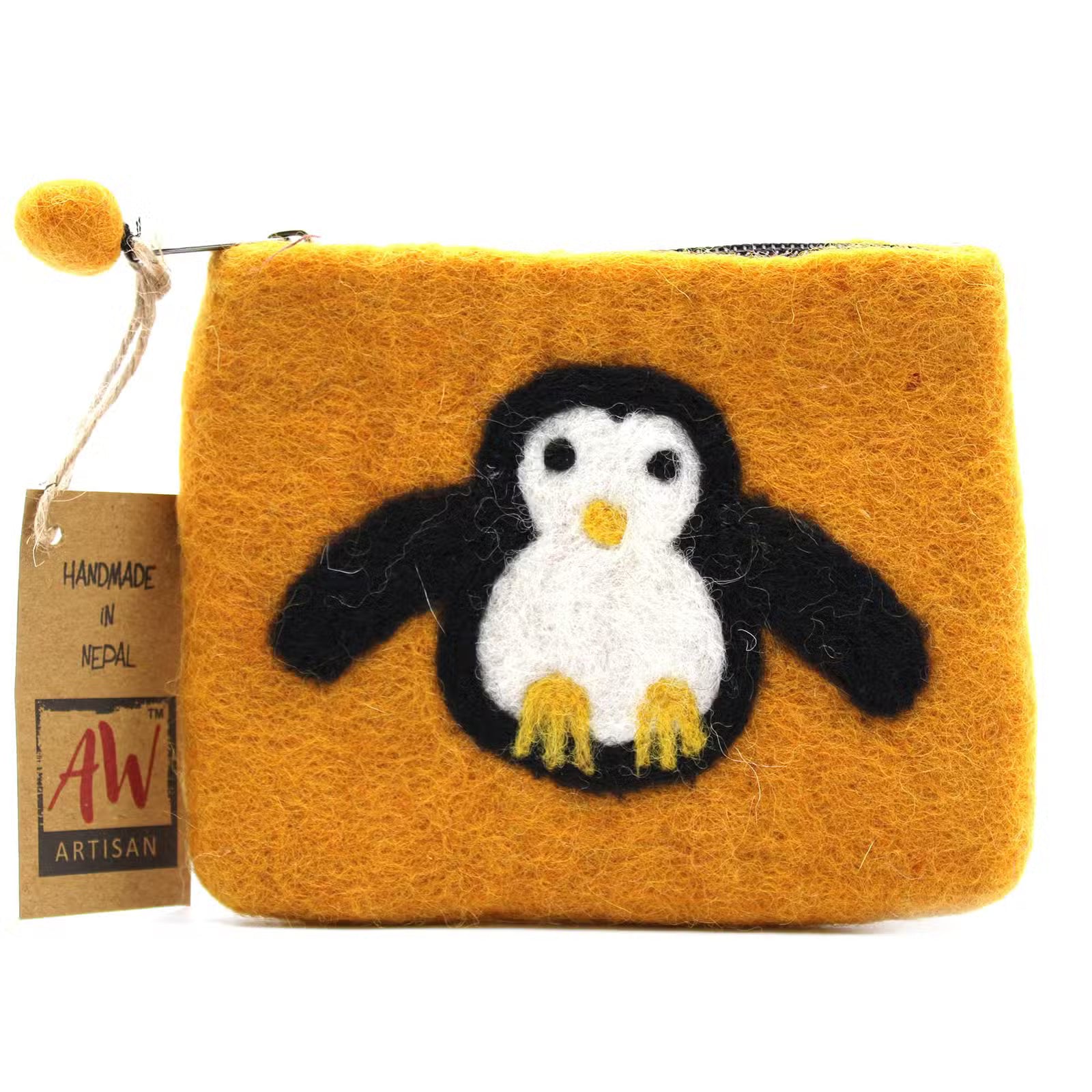 Yellow pouch with a penguin design and a visible brand tag on a white background