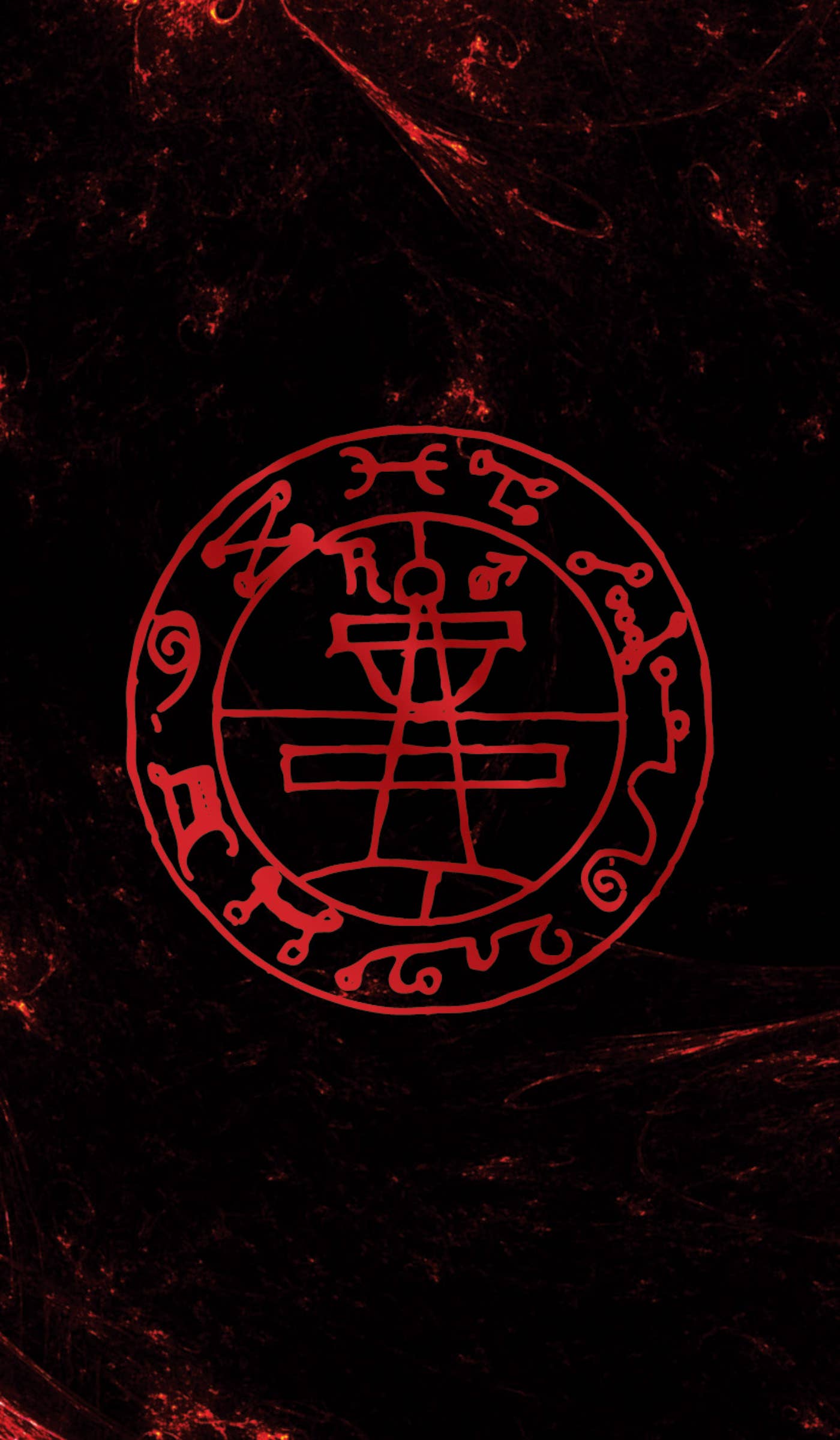 Circular symbol with intricate designs on a dark background