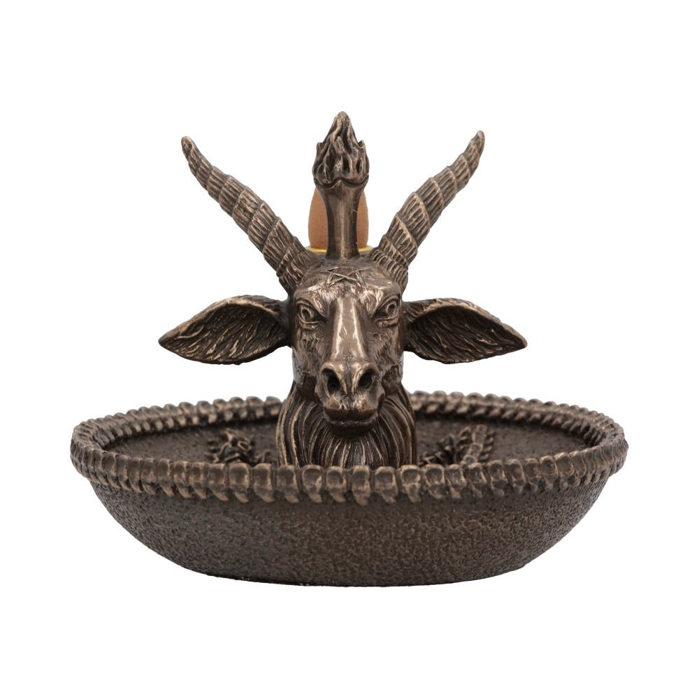 Baphomet's head backflow incense holder in bronze on  white background