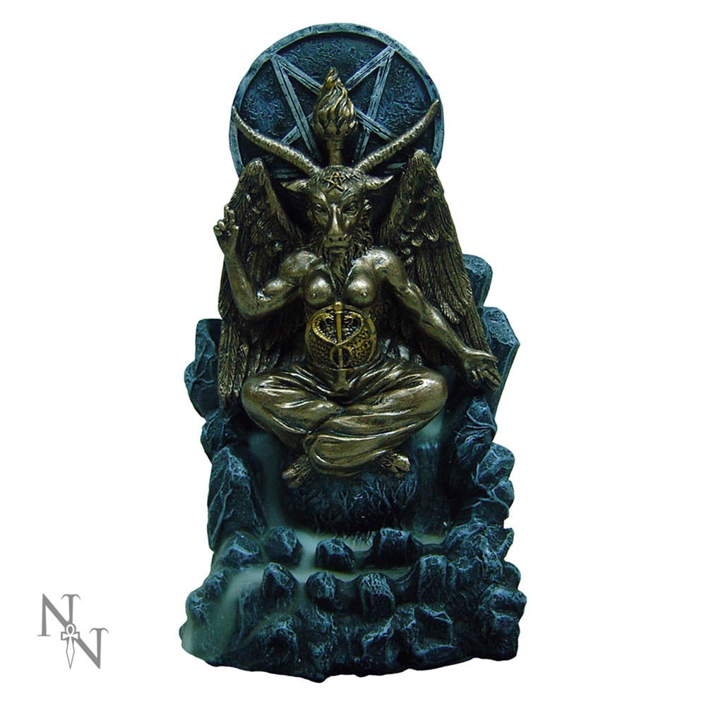 Baphomet on throne backflow burner with a pentagram symbol on a rocky base