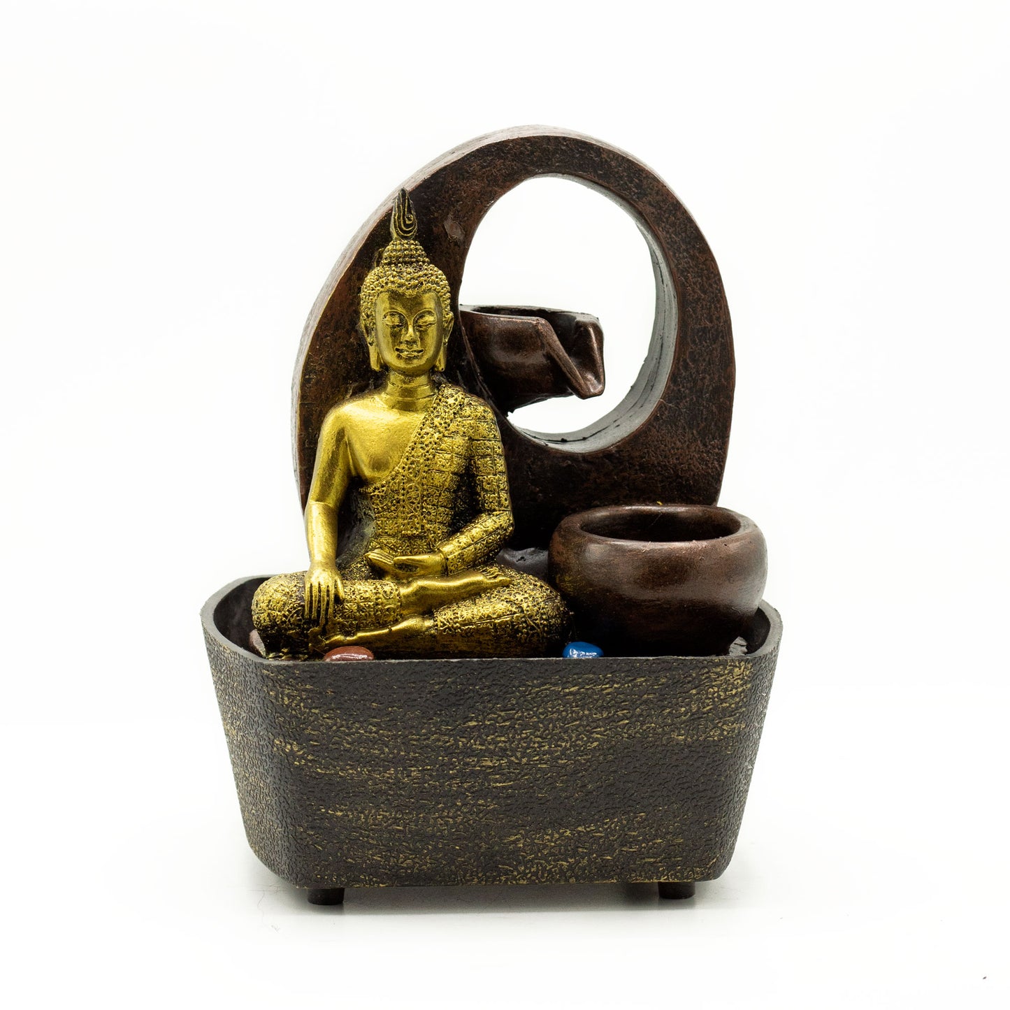 Decorative fountain with a gold Buddha statue and brown water container on a white background