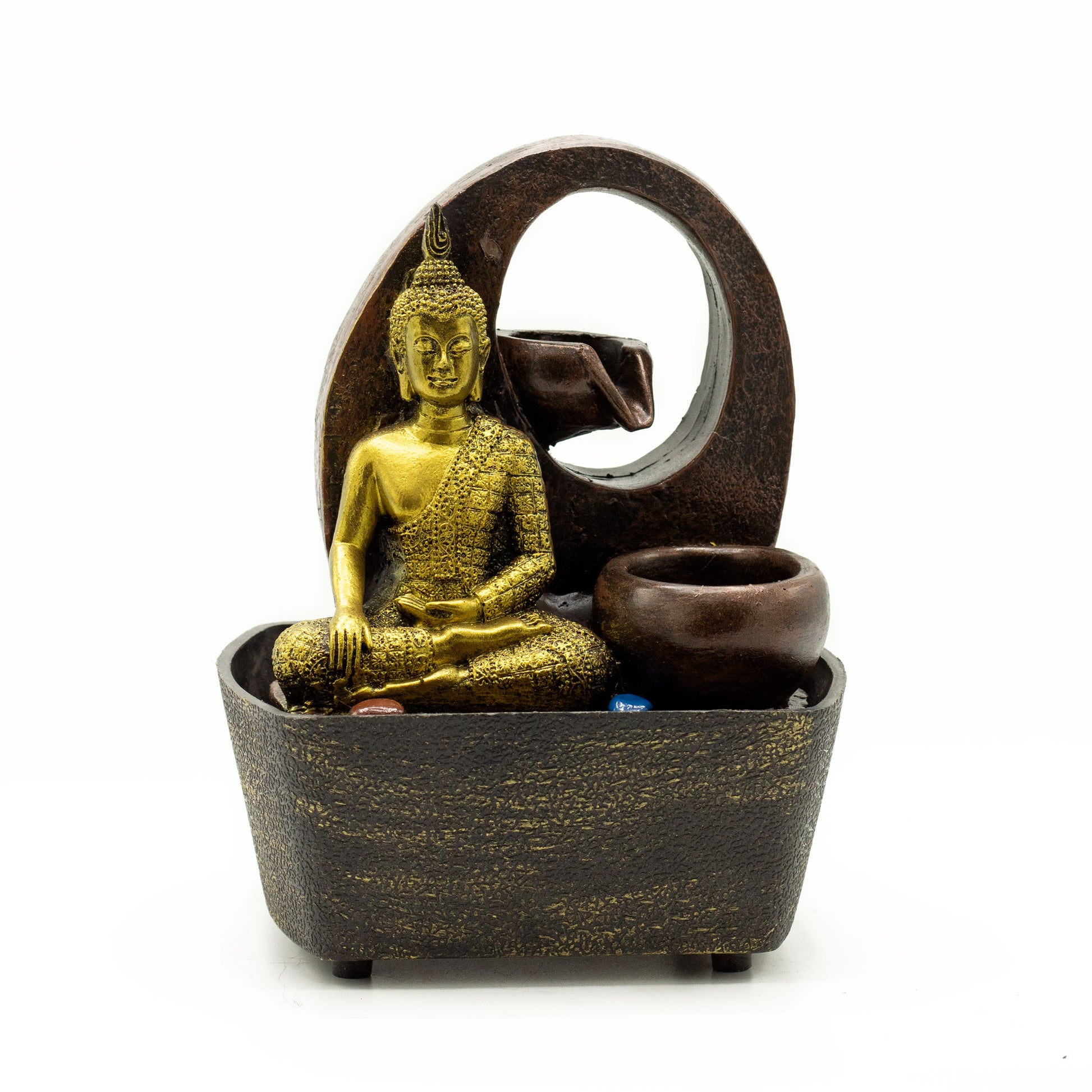 Decorative fountain with a gold Buddha statue and brown water container on a white background