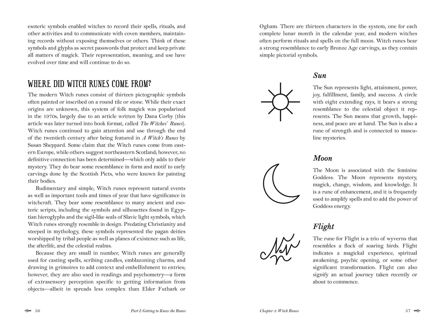 Page from a book with text and symbols related to witchcraft, including a sun and moon illustration.