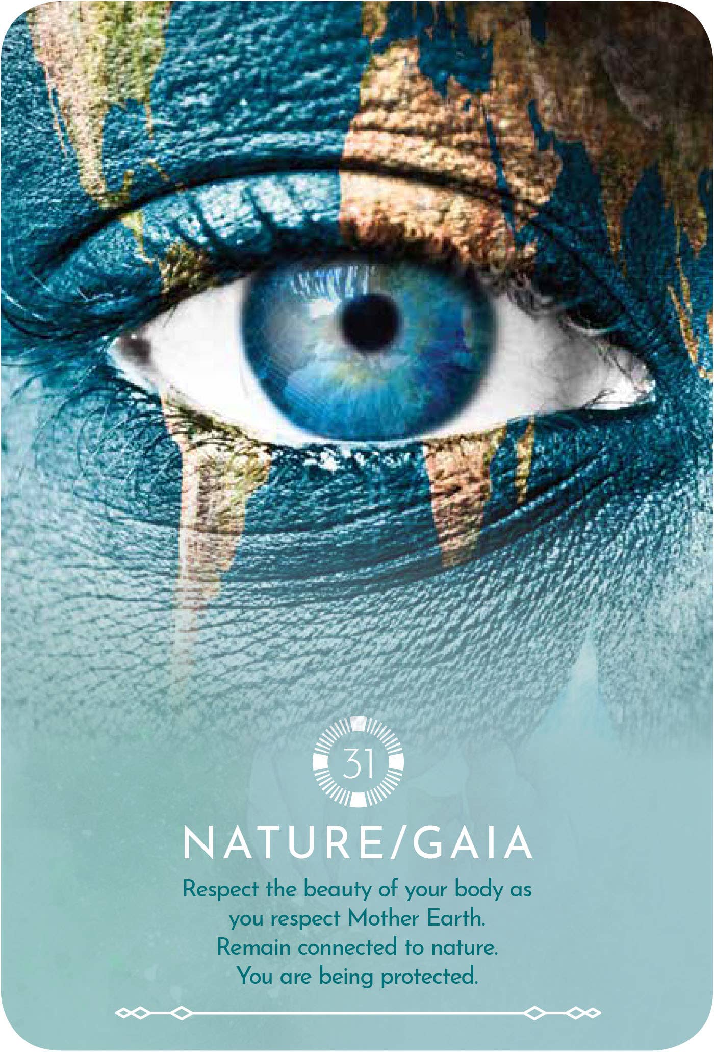 Card with an eye design and text about respecting nature and Mother Earth
