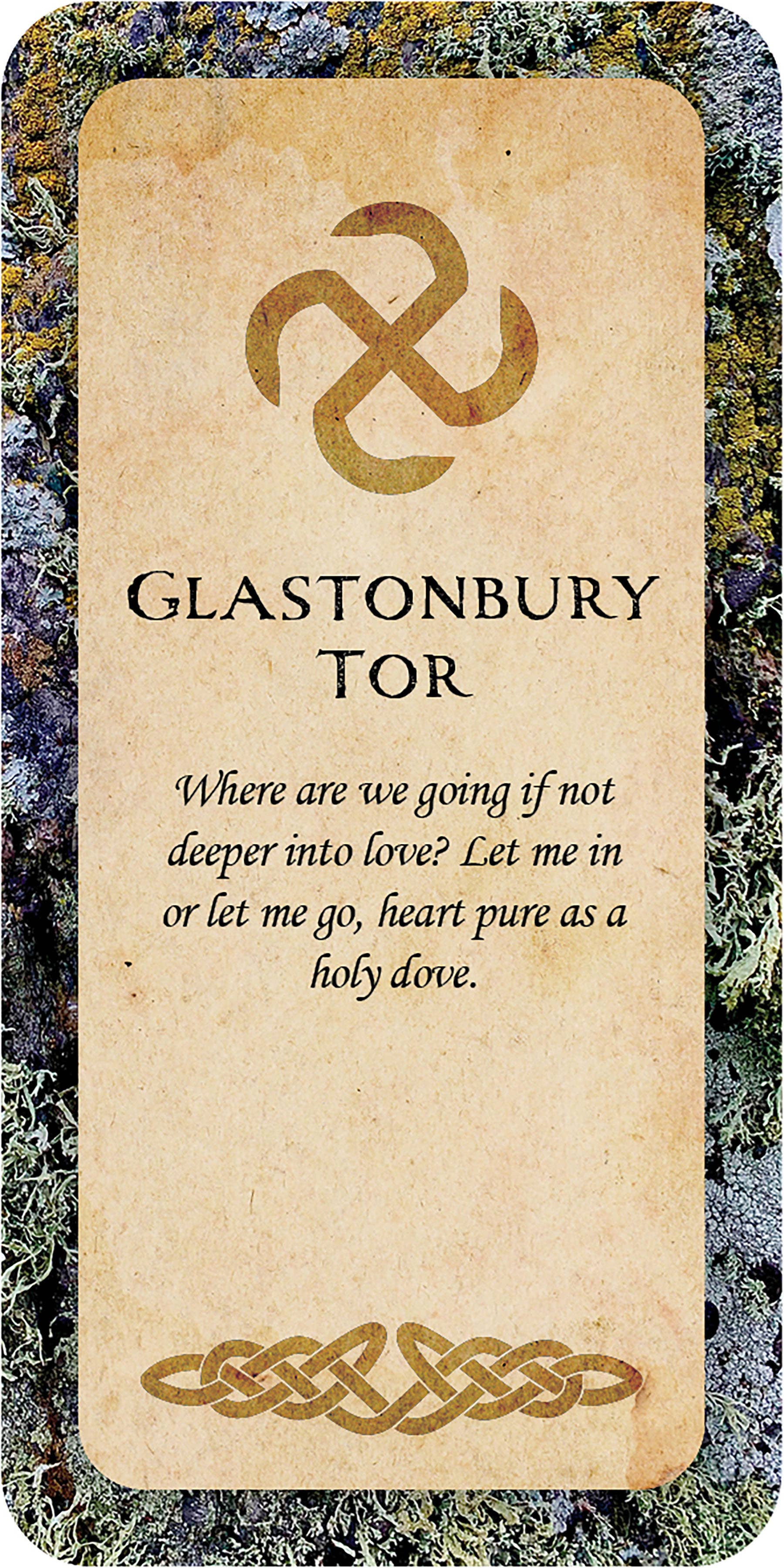 Card with 'Glastonbury Tor' text and Celtic knot design on a textured background