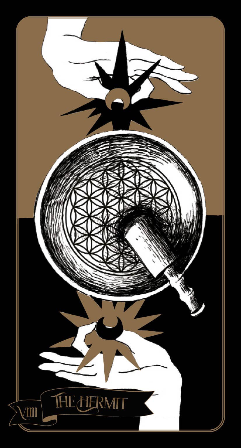 Tarot card featuring hands holding a bowl with a geometric design on a brown background