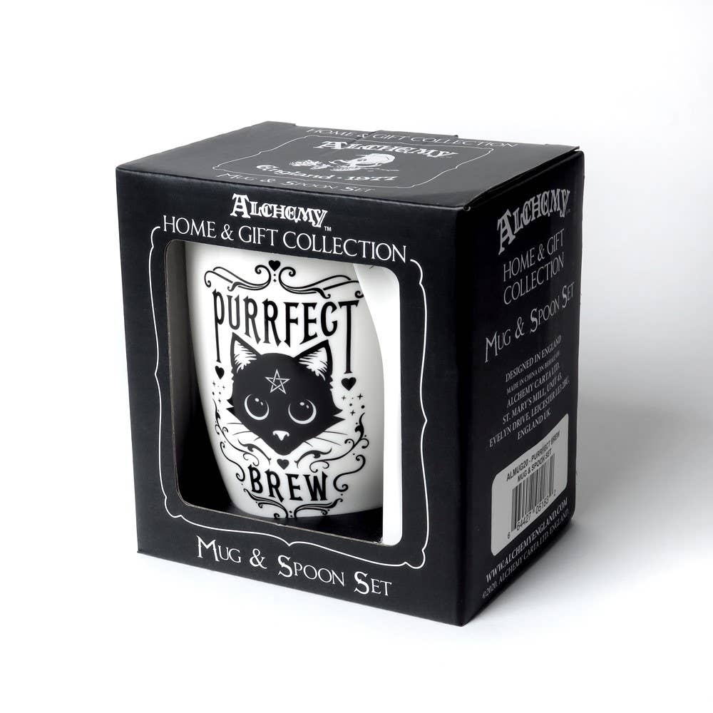 Mug and spoon set packaging with cat design and 'Purrfect Brew' text, branded as Alchemy Home & Gift Collection.
