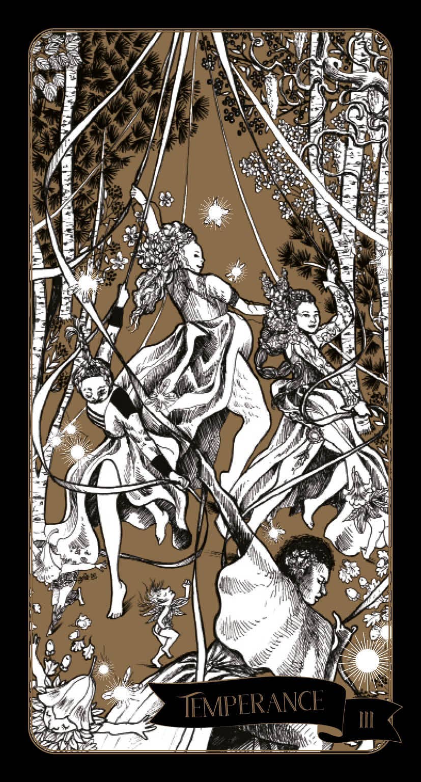 Tarot card featuring a stylized illustration of women in a forest with 'Temperance' at the bottom.