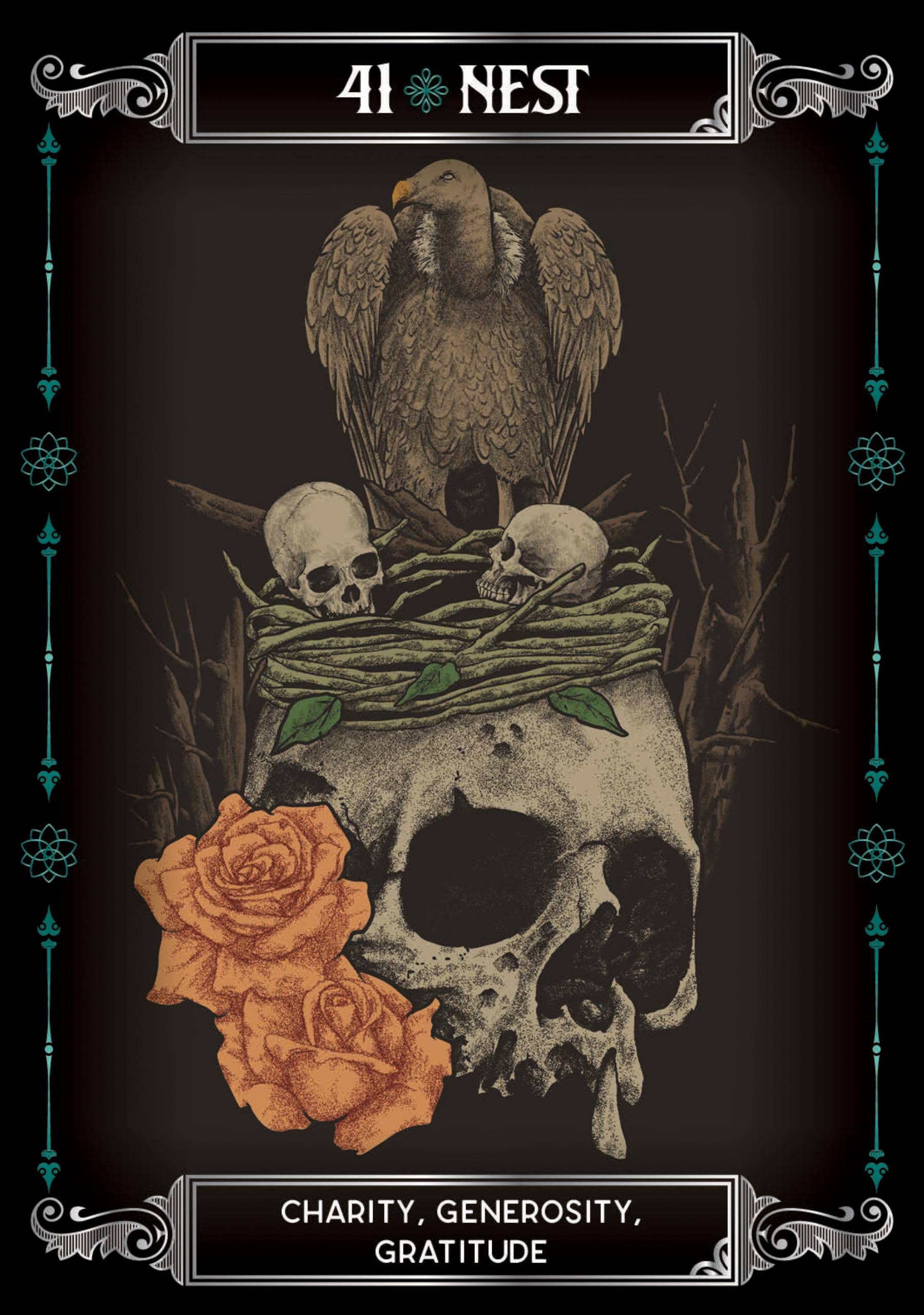 Illustration of an eagle with a skull and roses, symbolizing charity, generosity, and gratitude, on a dark background.